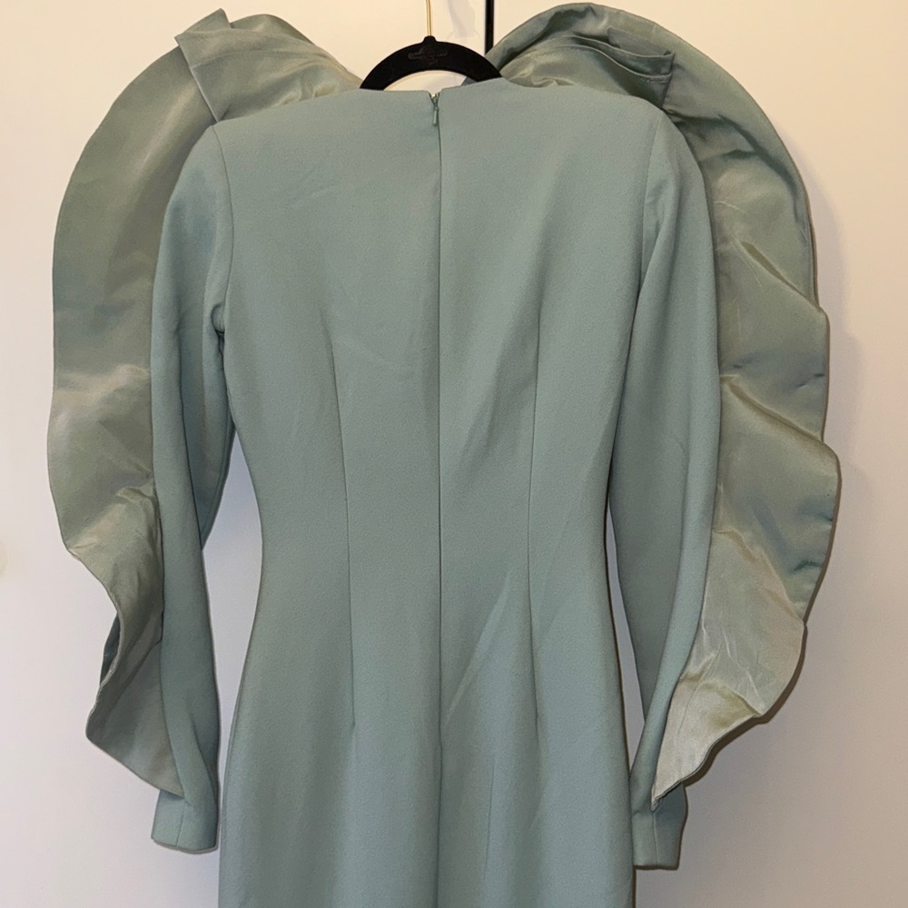 NWT long sleeve dress seafoam gown w/ deep Vneck extravagant taffeta roses XS - Picture 10 of 14